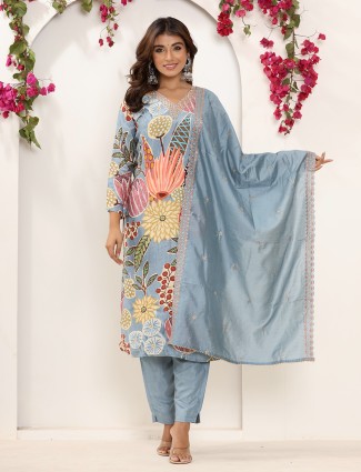 Trendy silk light blue printed kurti set