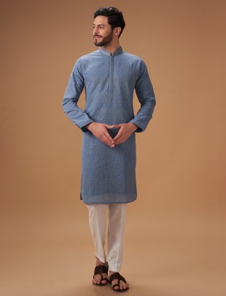 Trendy stone blue embroidery kurta suit