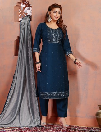 Trendy teal blue salwar suit in silk