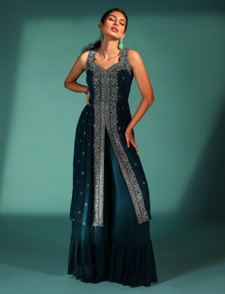 Trendy teal green georgette palazzo suit