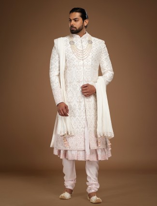 Trendy white and pink silk sherwani