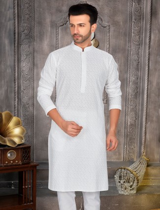Trendy white cotton kurta for festive