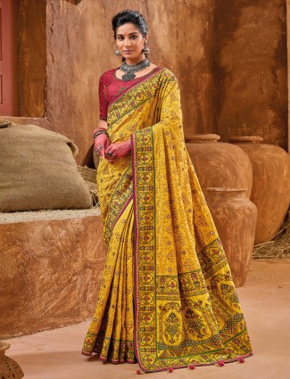 Trendy yellow banarasi silk saree