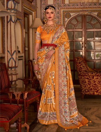 Trendy yellow printed saree in silk