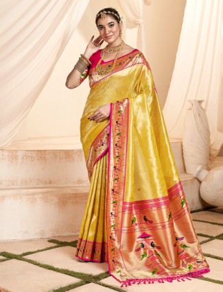 Trendy yellow tissue silk saree