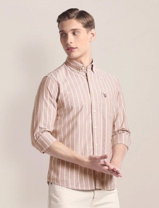 U S POLO ASSN beige stripe cotton shirt
