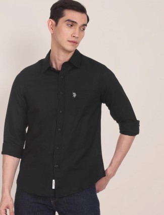 U S POLO ASSN black plain shirt in linen