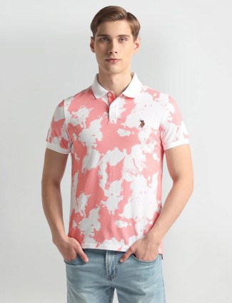 U S POLO ASSN light pink printed cotton t-shirt