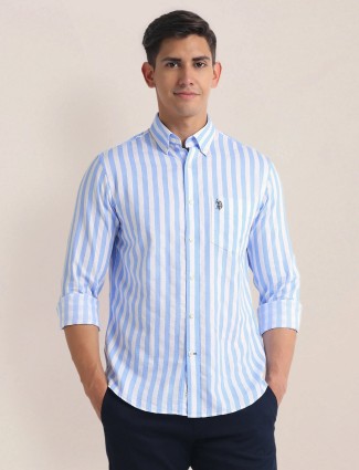 U S POLO ASSN stripe sky blue cotton shirt