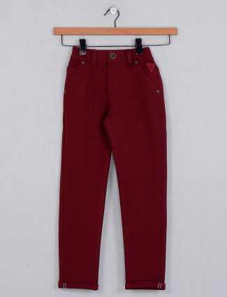U-tex solid maroon slim fit cotton trouser