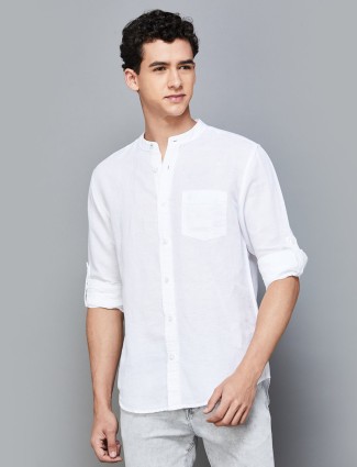 UCB white linen plain regular fit shirt