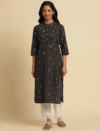 Shop Jaypore Women Black Cotton Silk Printed Round Neck Straight Fit Kurta  for Women Online 39578346
