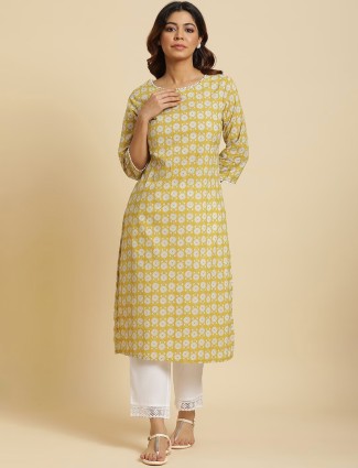 W printed yellow cotton kurti