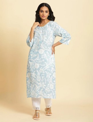 W sky blue cotton printed kurti