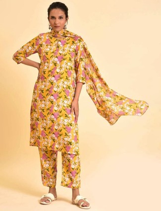 W yellow silk floral printed kurti set