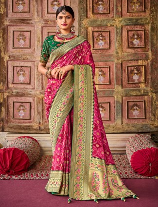 Wedding wear dola silk printed saree in dark pink