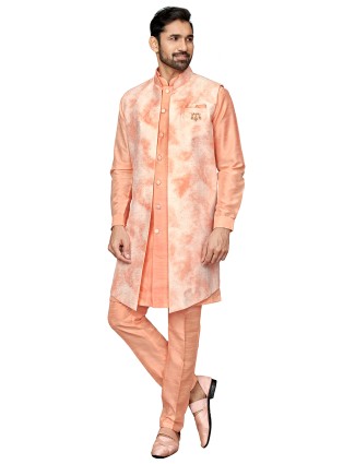 Wedding wear silk indowestern in peach
