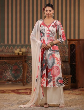 White abstract printed palazzo suit