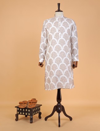 White and beige printed linen kurta suit