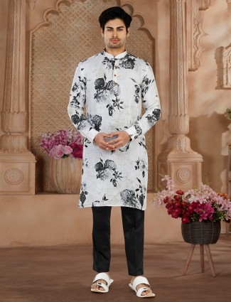 White and black floral printed cotton kurta suit