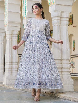White and blue cotton long printed kurti