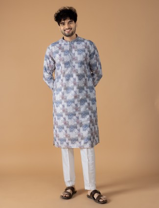 White and blue printed kurta suit for festive