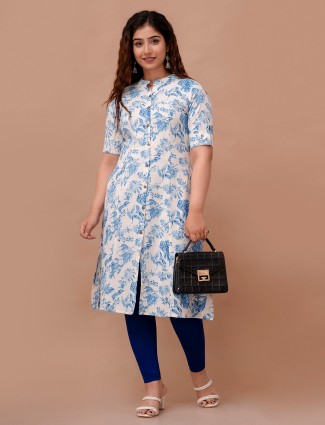 White and blue printed kurti in cotton
