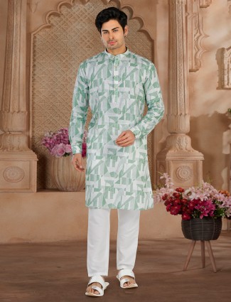 White and green printed kurta suit in cotton