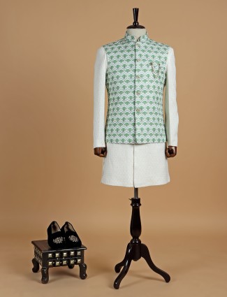 White and green printed silk waistcoat set