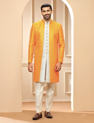 White and orange silk indowestern