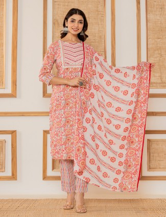 White and orange silk printed kurti set