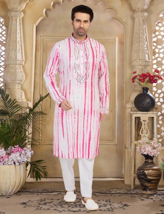 White and pink printed full sleeve kurta suit