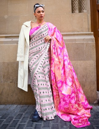 White and pink printed satin crepe saree