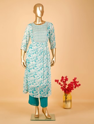 White and rama blue georgette printed kurti set