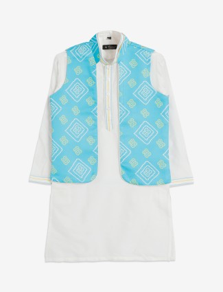 White and sky blue cotton waistcoat set
