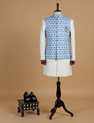 White and sky blue printed waistcoat set