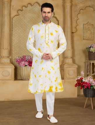 White and yellow printed cotton kurta suit