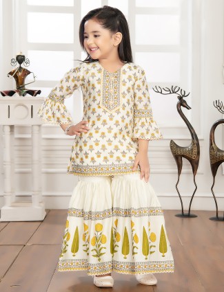 White and yellow printed cotton sharara suit