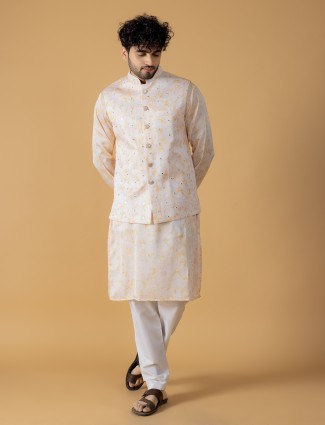 White and yellow printed cotton waistcoat set