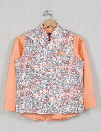 White color printed cotton silk waistcoat with shirt