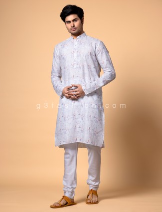 White cotton printed festive kurta suit