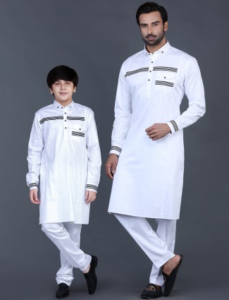 White cotton solid father and son pathani suit