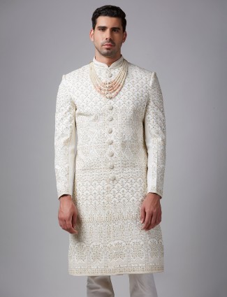 White silk embroidered sherwani