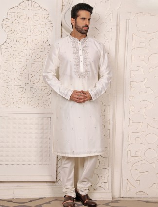 White silk festive wear kurta suit for men