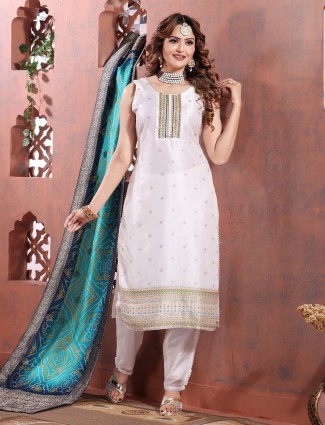 White silk salwar suit with contrast dupatta