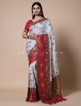 Bengali Red border white silk saree Durga Puja Saree-hautamhiepplus.vn