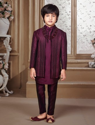 Wine silk indowestern with embroidery
