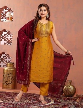 Yellow and maroon silk salwar suit