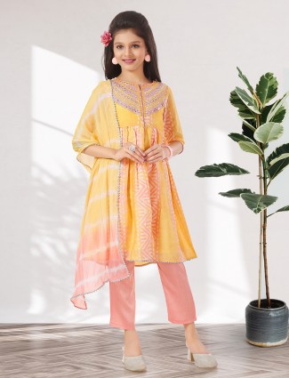 Yellow and peach printed salwar suit