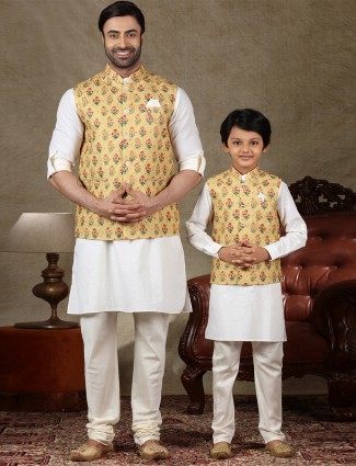 Yellow and white silk waistcoat set for father and son